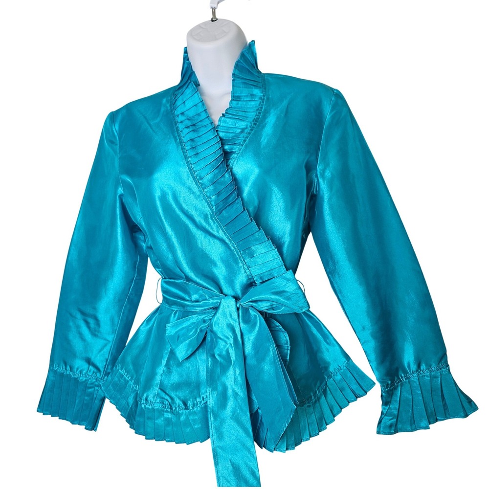 Jerry T Teal Satin Wrap Jacket Womens Small Pleated Ruffle Peplum Y2K Glam
